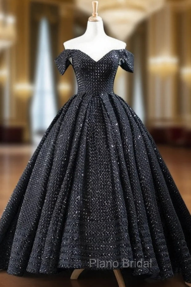 Black Ball Gown Sequins  Off the Shoulder Formal Prom Dresses Main image