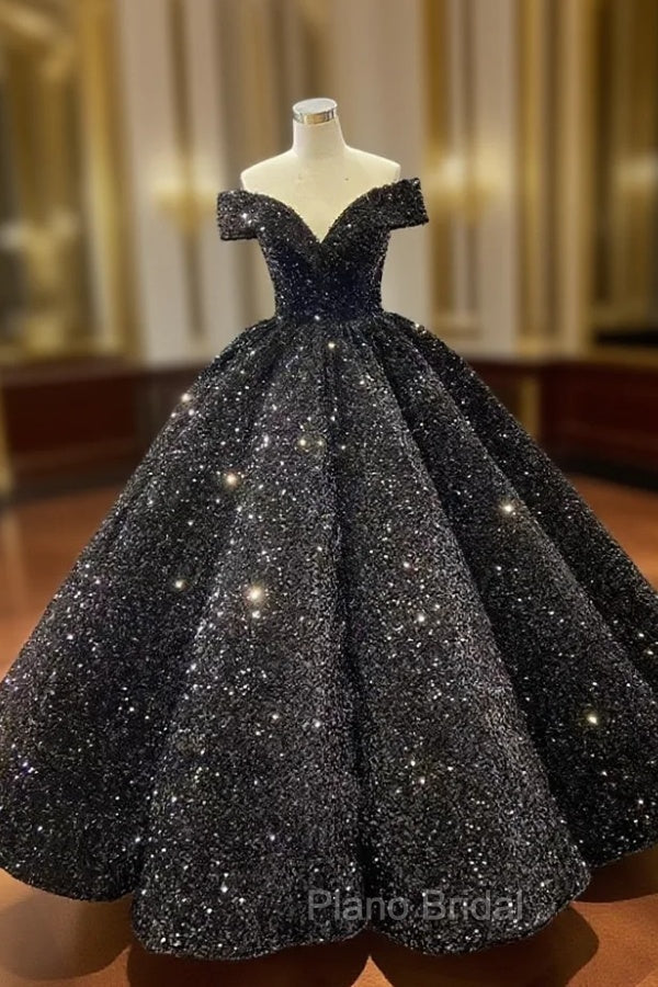 Black Ball Gown Sequins Off the Shoulder Formal Prom Dresses