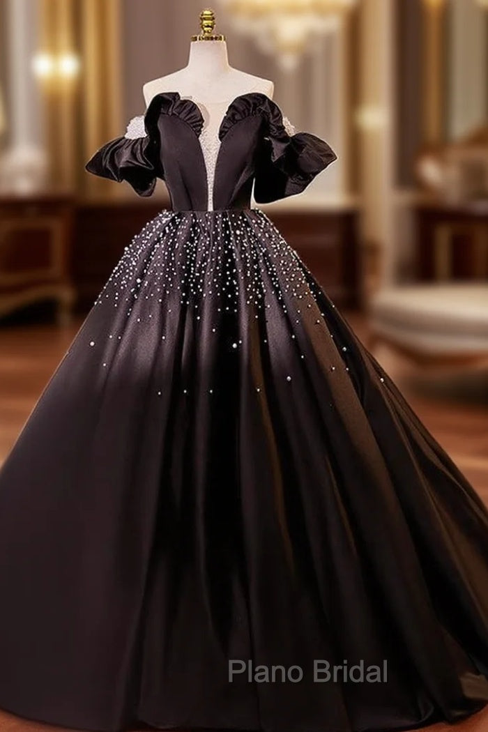 Black Ball Gown Short Sleeve Pearls Quinceanera Dresses Main image