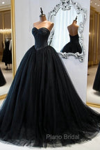 Black Ball Gown Sweetheart Satin and Tulle Formal Gown, Black Party Dresses