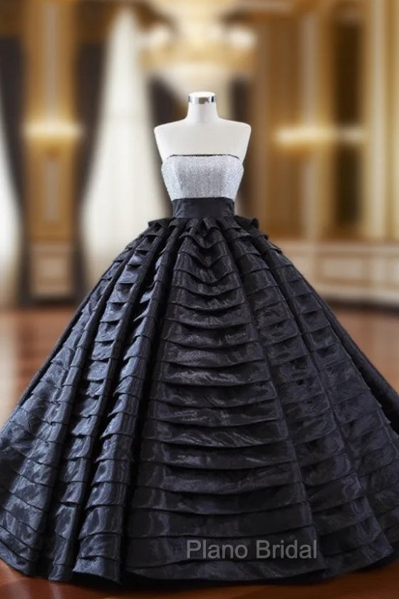 Black Ball Gown Tiers Sequins Formal Prom Dresses
