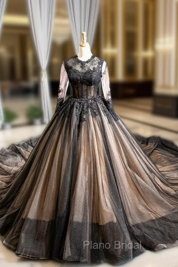 Black Ball Gown Tulle Lace Appliques Long Sleeve Luxury Formal Prom Dresses Main image