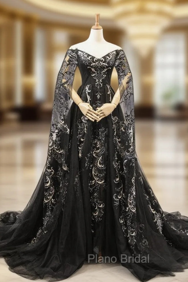 Black Ball Gown Tulle Off the Shoulder Long Sleeve Formal Prom Dresses With Appliques Main image