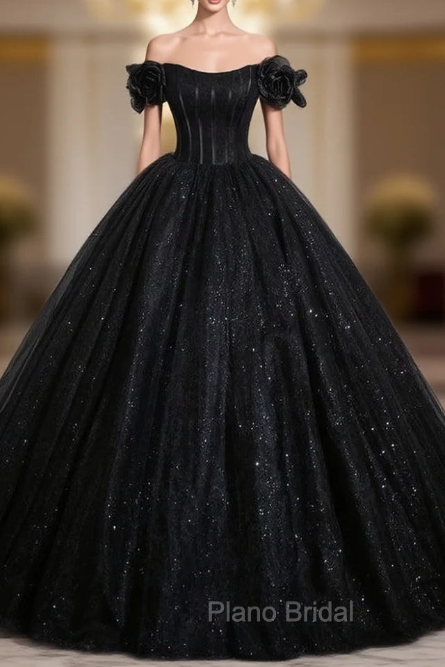 Black Ball Gown Tulle Sequins Off the Shoulder Quinceanera Dresses Main image