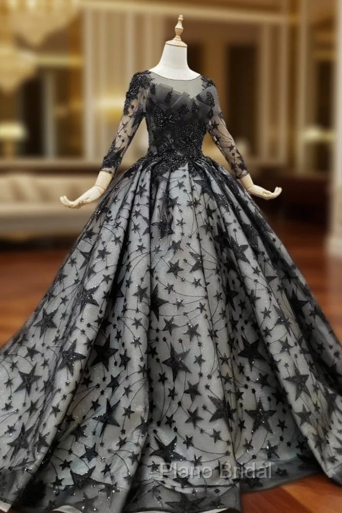Black Ball Gown Tulle Star Sequins Long Sleeve Wedding Dresses Main image