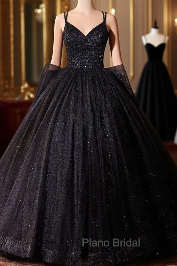 Black Ball Gown Tulle Straps Beading Quinceanera Dresses