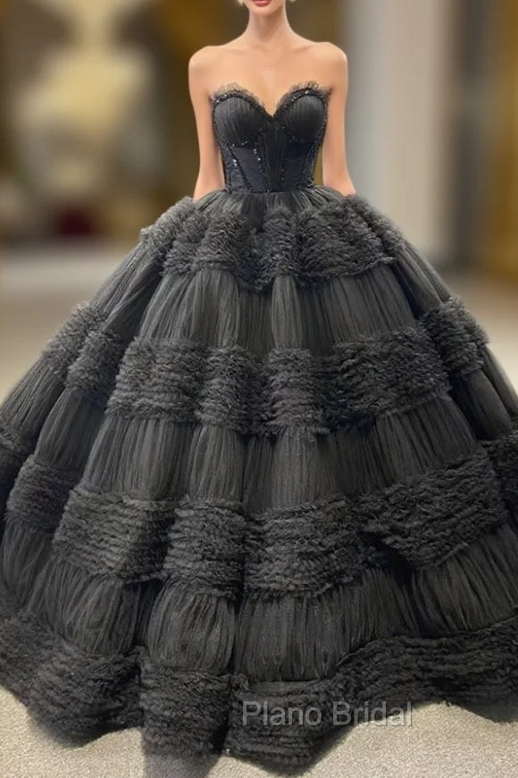 Black Ball Gown Tulle Sweetheart Beading Formal Prom Dresses