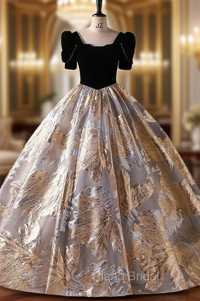 Black Ball Gown Velvet Short Sleeve Quinceanera Dresses Main image