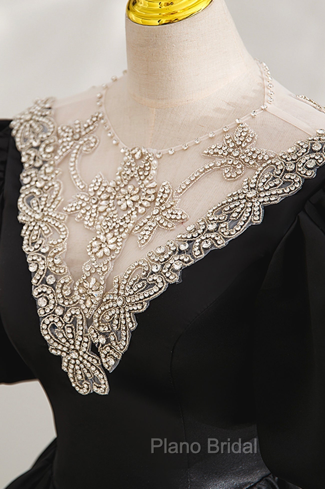 Black Ball Gown with Beaded, Black Short Sleeve Formal Evening Dresses