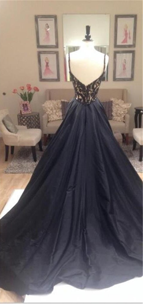 Black Beaded Lace Off Shoulder Formal Prom Dresses-Elegant V-Neck V-Back Prom Gown Secondary image