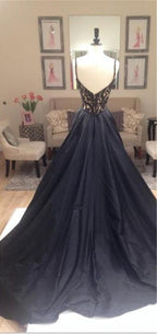 Black Beaded Lace Off Shoulder Formal Prom Dresses-Elegant V-Neck V-Back Prom Gown