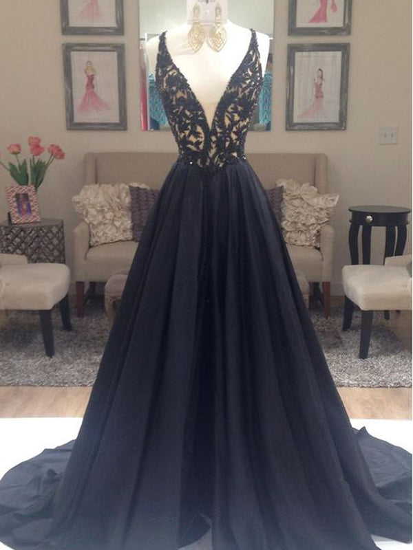 Black Beaded Lace Off Shoulder Formal Prom Dresses-Elegant V-Neck V-Back Prom Gown