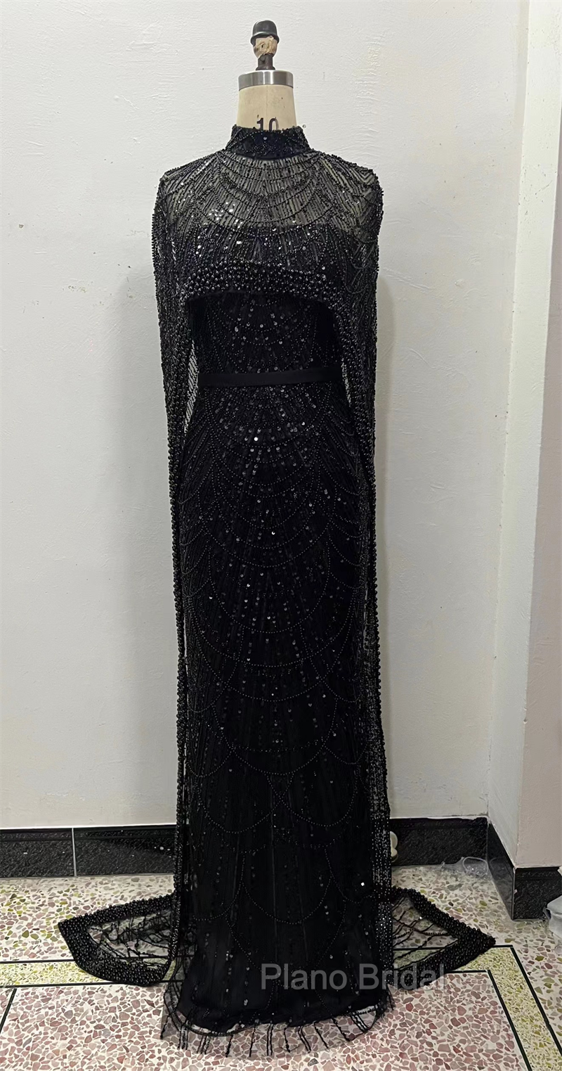 Black Beading Formal Prom Dresses Sweep Train High Neck Zipper Sleeveless Evening Dresses Secondary image