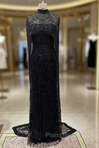 Black Beading Formal Prom Dresses Sweep Train High Neck Zipper Sleeveless Evening Dresses