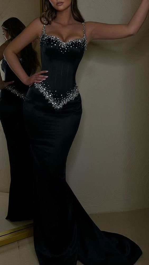Black Beading Spaghetti Strap Elegant Sleeveless Mermaid Formal Prom Dresses Eveing Gown