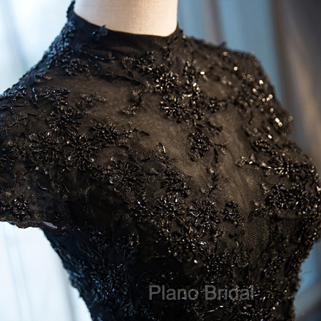 Black Cap Sleeves Long Tulle Party Dresses, Black Formal Prom Dresses Secondary image