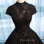 Black Cap Sleeves Long Tulle Party Dresses, Black Formal Prom Dresses