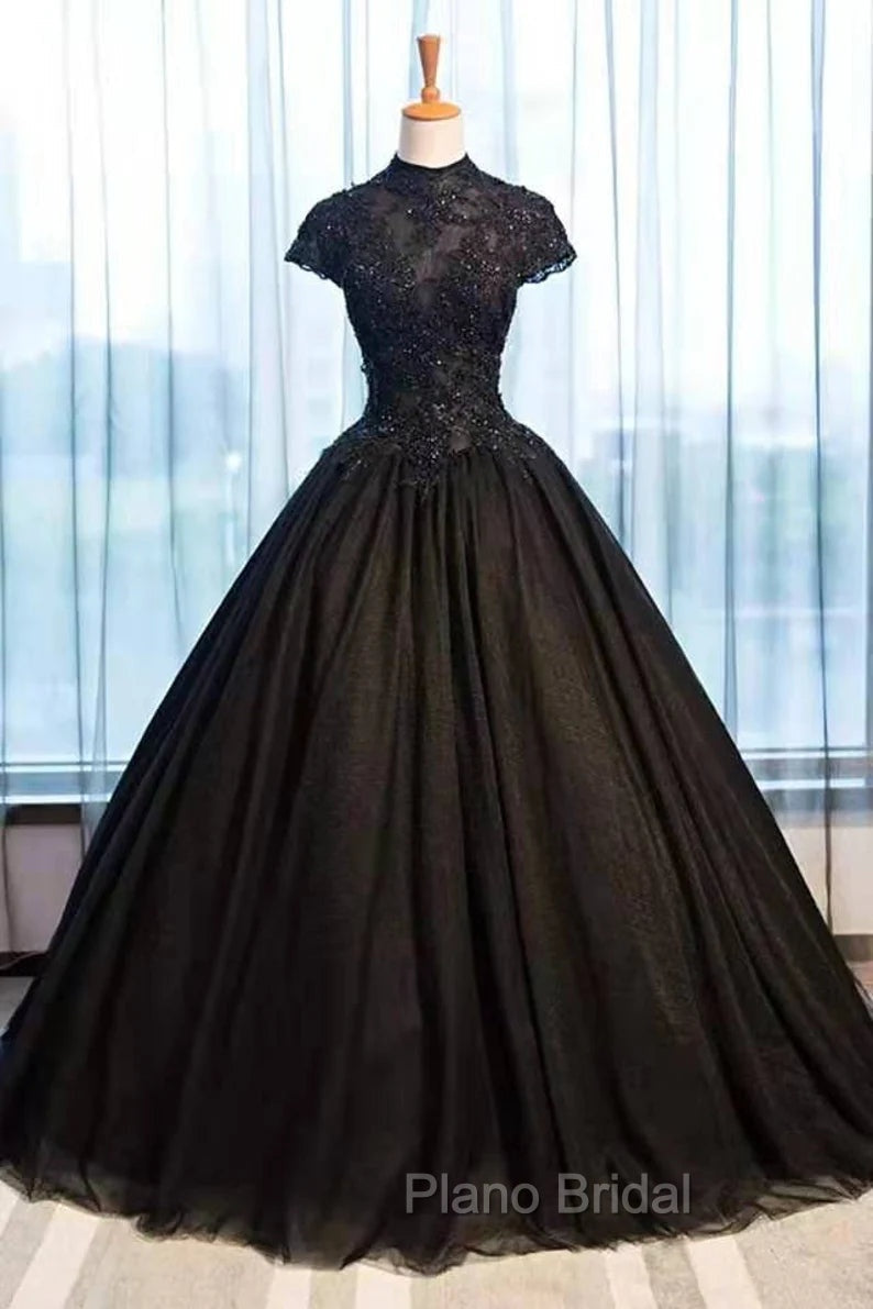 Black Cap Sleeves Long Tulle Party Dresses, Black Formal Prom Dresses Main image
