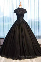 Black Cap Sleeves Long Tulle Party Dresses, Black Formal Prom Dresses
