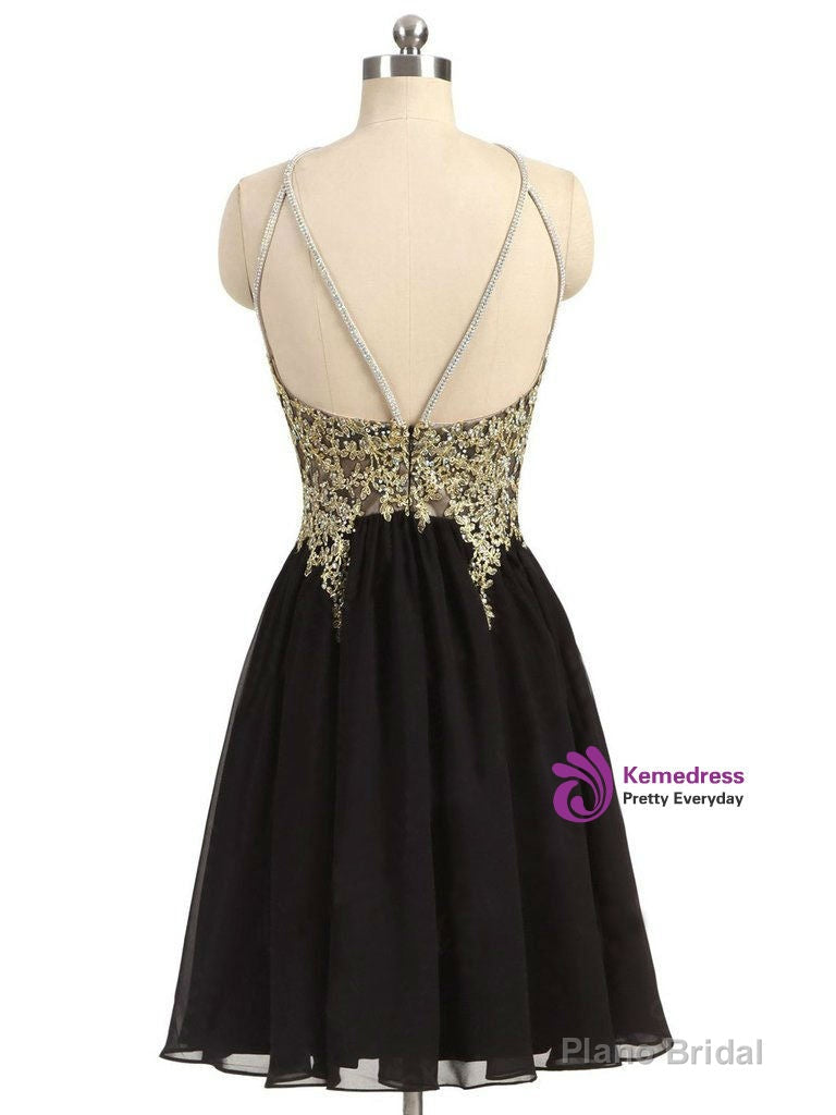 Black Chiffon Homecoming Dress,Gold Beading Lace Halter Graduation Dress Main image