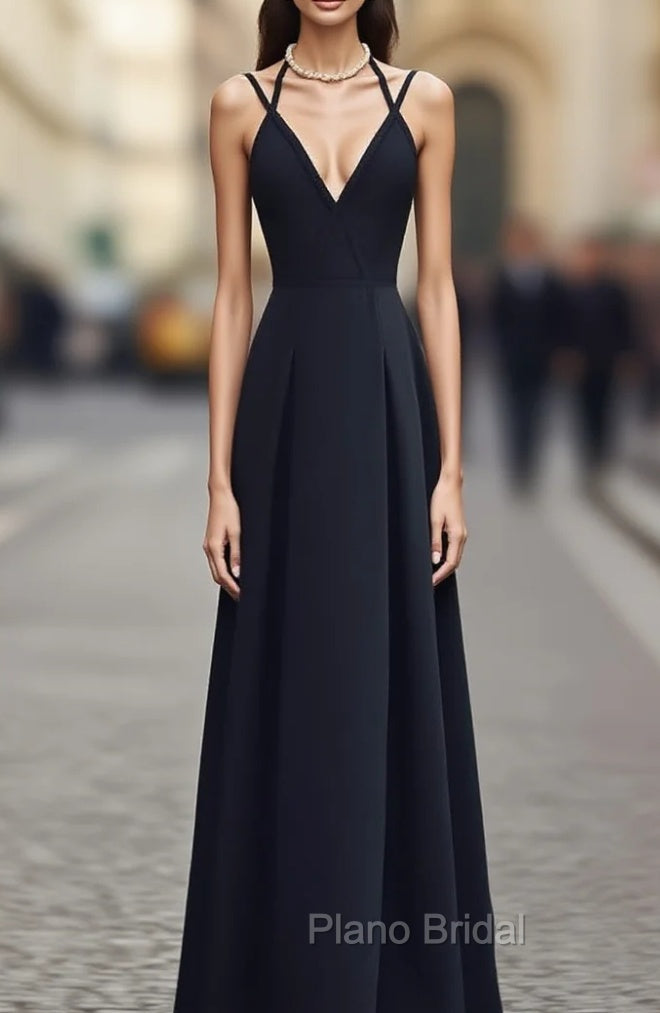Black Chiffon Straps Long A-line Junior Formal Prom Dresses, Black Party Gowns Main image