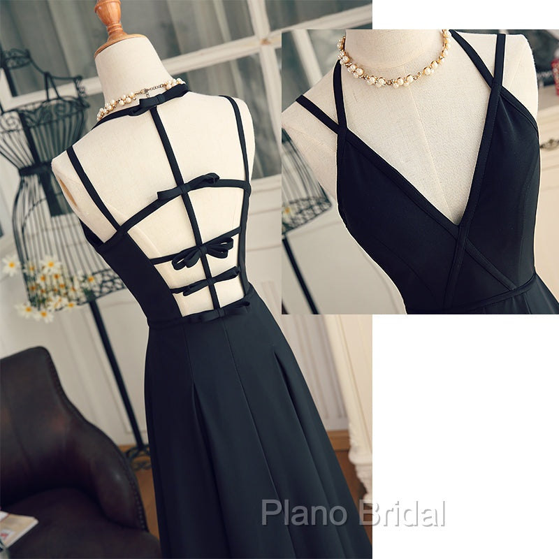 Black Chiffon Straps Long A-line Junior Formal Prom Dresses, Black Party Gowns