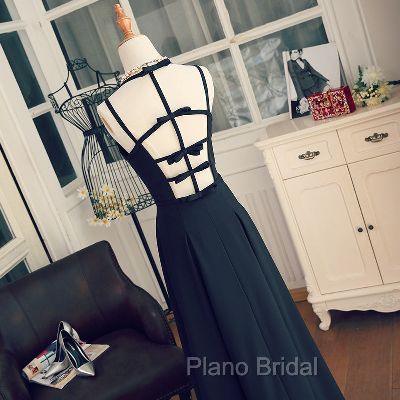 Black Chiffon Straps Long A-line Junior Formal Prom Dresses, Black Party Gowns