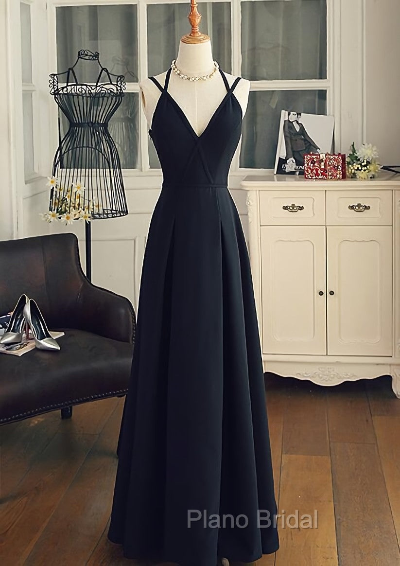 Black Chiffon Straps Long A-line Junior Formal Prom Dresses, Black Party Gowns Secondary image