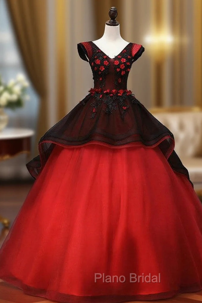 Black Dark Red Tulle V-neck Appliques Quinceanera Dresses Main image