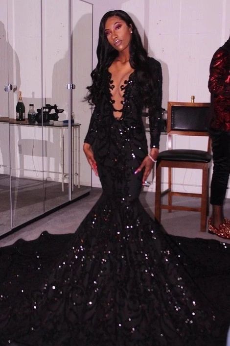 Black Deep V Neck Long Formal Prom Dresses , Mearmaid Formal Prom Dresses Main image