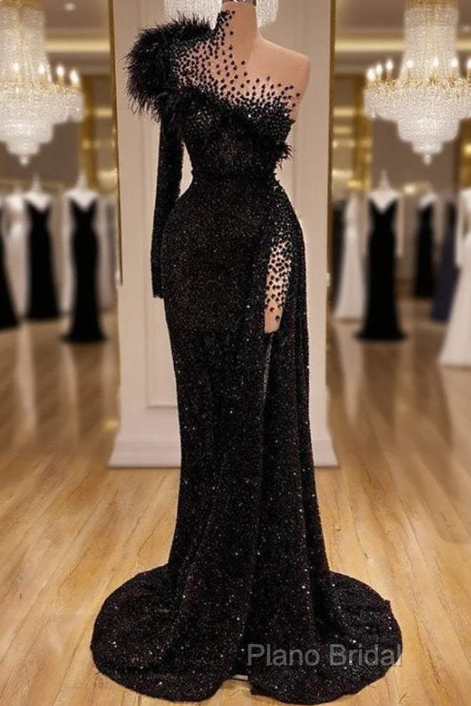 Black Formal Dresses High Neck Side Split Long Sleeve Mermaid Formal Prom Dresses Feather Beaded Sexy Special Occasion Gowns Main image