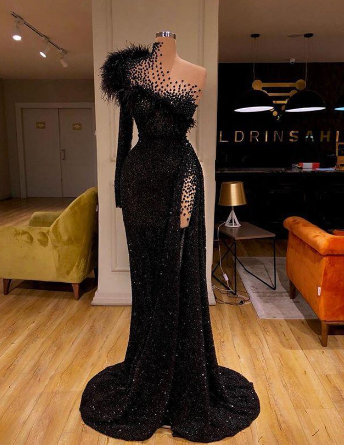 Black Formal Evening Dresses High Neck Side Split Long Sleeve Mermaid Formal Prom Dresses Feather Beaded Sexy Special Occasion Gowns Main image