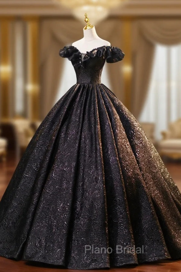 Black Floor Length V-neck Off the Shoulder Formal Dresses, Black A-Line Evening Dresses Main image