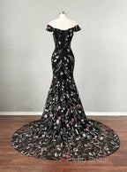 Black Floral Lace Mermaid Off Shoulder Long Party Dresses, Black Formal Dresses Formal Prom Dresses