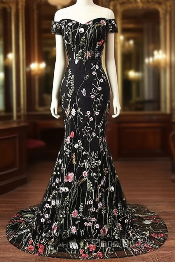 Black Floral Lace Mermaid Off Shoulder Long Party Dresses, Black Formal Dresses Formal Prom Dresses Main image