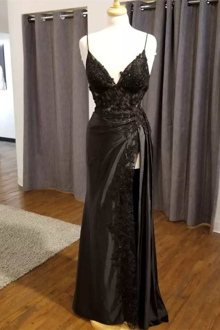 Black Floral Lace V-Neck Long Formal Prom Dresses With Slit Birthday Outfits Secondary image
