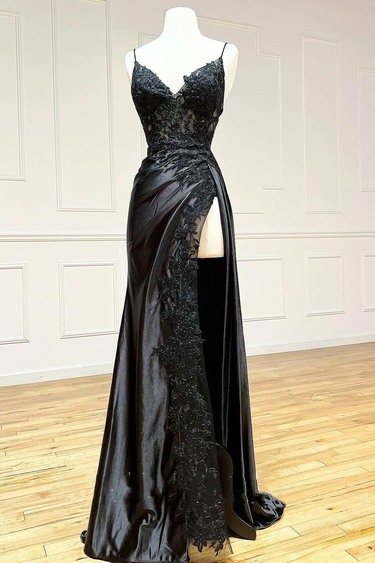 Black Floral Lace V-Neck Long Formal Prom Dresses With Slit Birthday Outfits