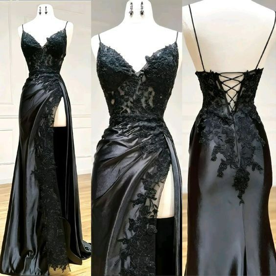 Black Floral Lace V-Neck Long Formal Prom Dresses With Slit Birthday Outfits