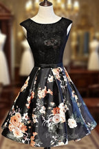 Black Floral Satin and Lace Round Neckline Short Party Dresses Formal Prom Dresses, Black Homecoming Dresses
