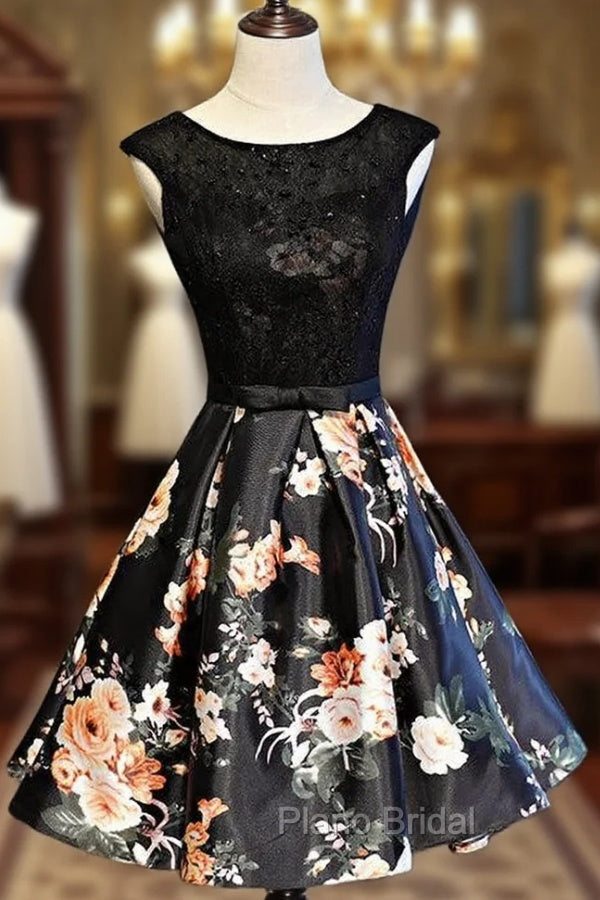 Black Floral Satin and Lace Round Neckline Short Party Dresses Formal Prom Dresses, Black Homecoming Dresses
