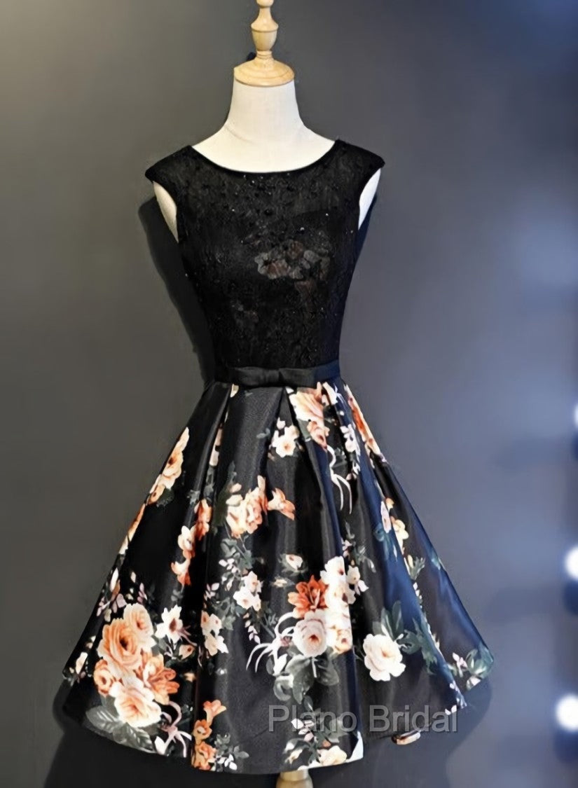 Black Floral Satin and Lace Round Neckline Short Party Dresses Formal Prom Dresses, Black Homecoming Dresses