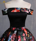 Black Floral Satin Off Shoulder Strapless Long Formal Prom Dresses, Formal Dresses