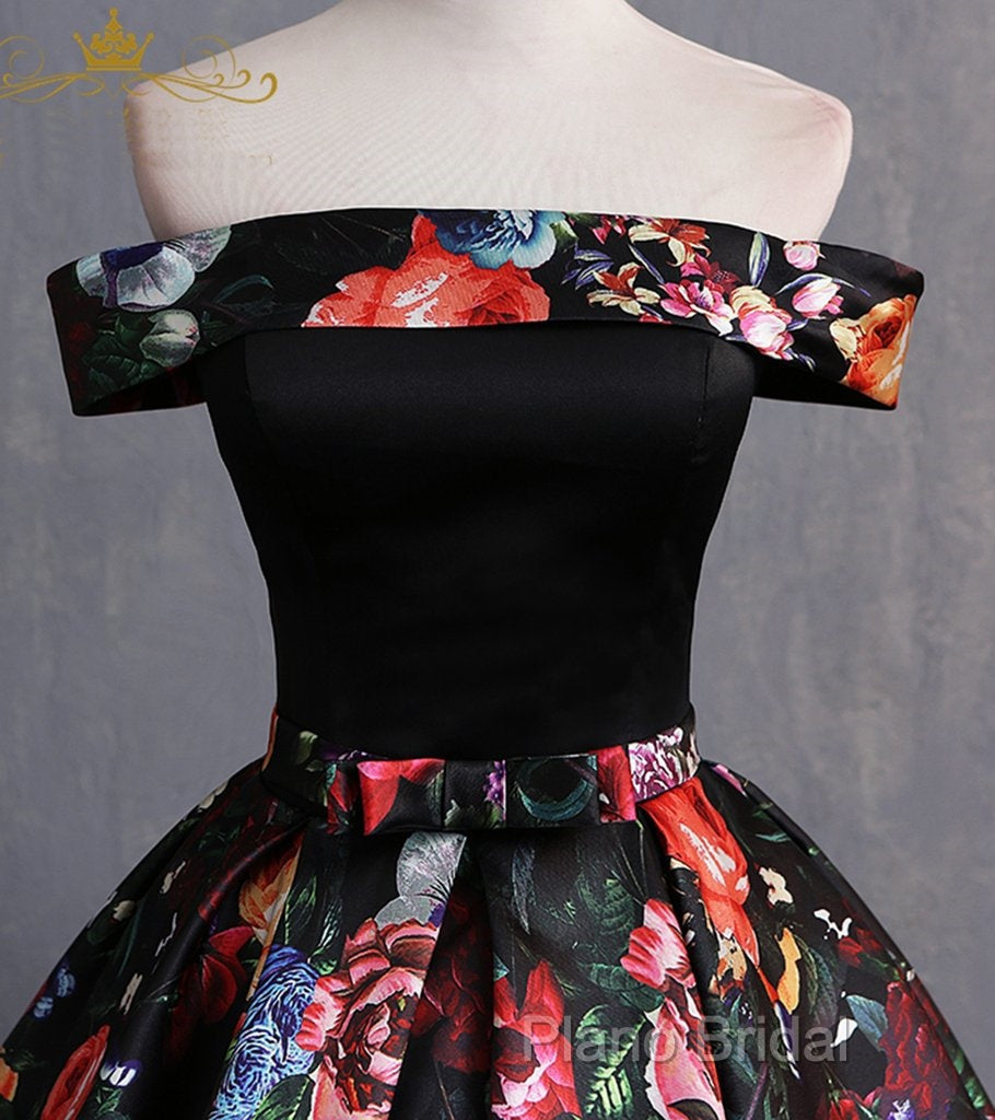 Black Floral Satin Off Shoulder Strapless Long Formal Prom Dresses, Formal Dresses