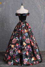 Black Floral Satin Off Shoulder Strapless Long Formal Prom Dresses, Formal Dresses