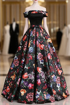 Black Floral Satin Off Shoulder Strapless Long Formal Prom Dresses, Formal Dresses