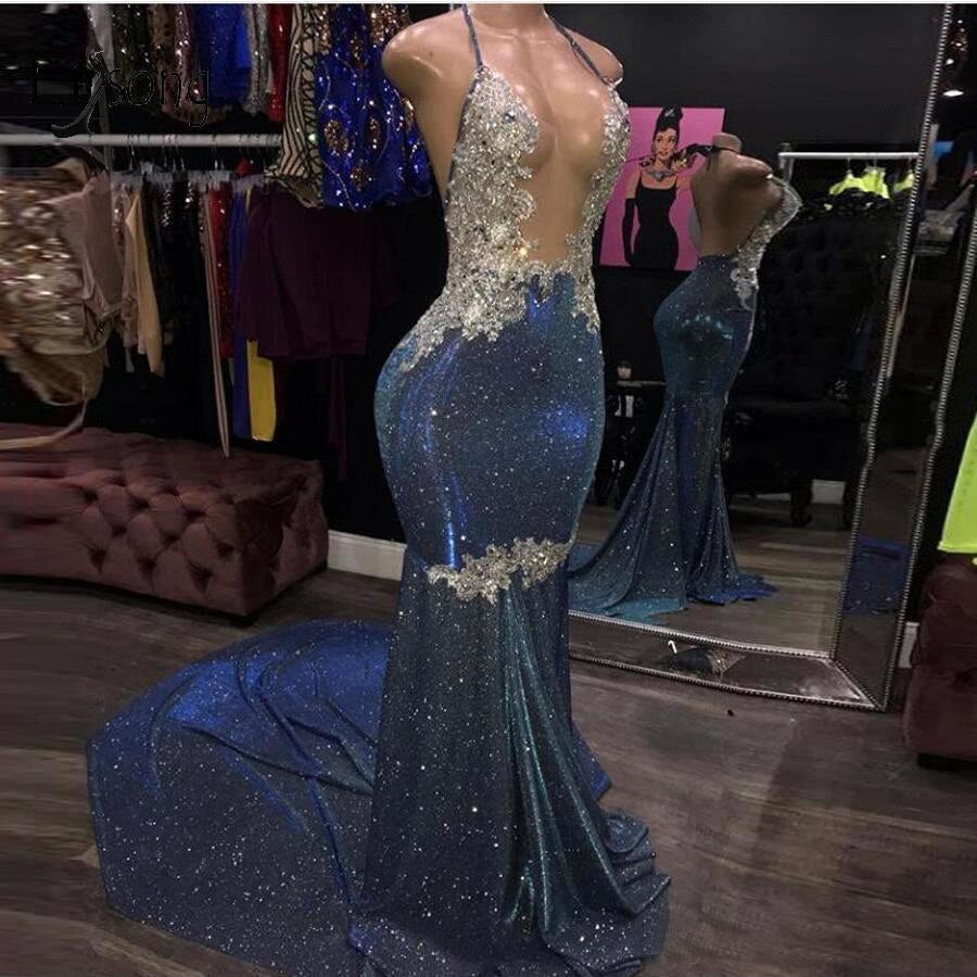 Black Girl Formal Prom Dresses Cheap Sparkle Blue Sexy Formal Prom Dresses | Mermaid Silver Aplliques Long Formal Evening Gowns