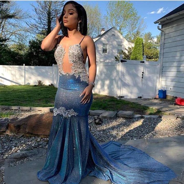 Black Girl Formal Prom Dresses Cheap Sparkle Blue Sexy Formal Prom Dresses | Mermaid Silver Aplliques Long Formal Evening Gowns