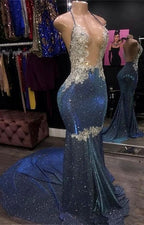 Black Girl Formal Prom Dresses Cheap Sparkle Blue Sexy Formal Prom Dresses | Mermaid Silver Aplliques Long Formal Evening Gowns