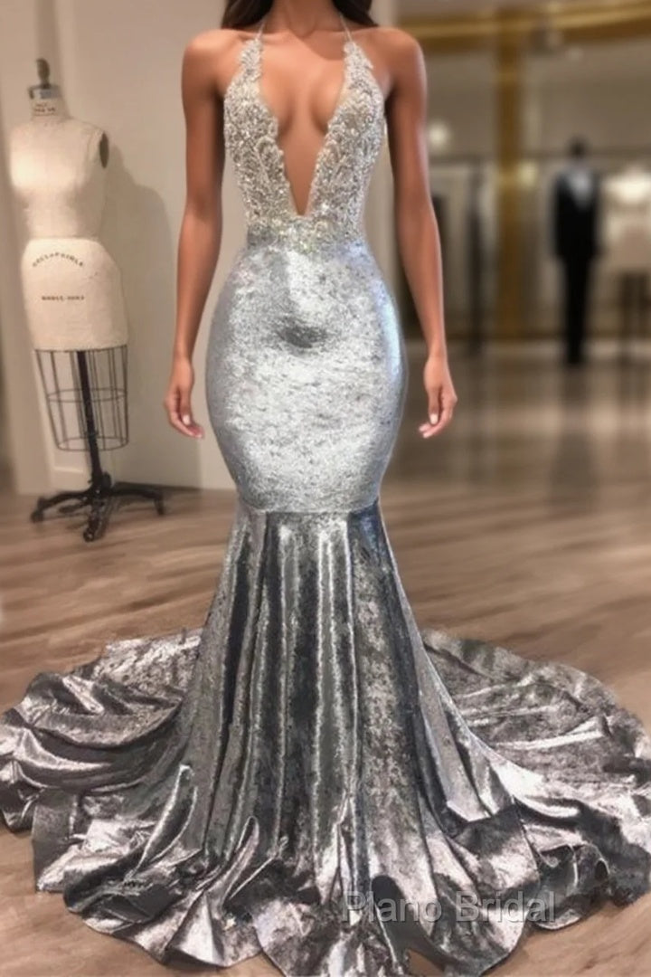 Black Girl Formal Prom Dresses Open Back Silver Velvet Formal Prom Dresses Cheap | Mermaid Sexy V-Neck Crystals Appliques Formal Gowns Mq0131