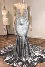 Black Girl Formal Prom Dresses Open Back Silver Velvet Formal Prom Dresses Cheap | Mermaid Sexy V-Neck Crystals Appliques Formal Evening Gowns